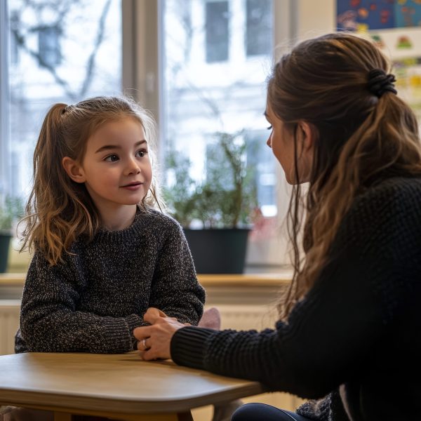 side-view-little-girl-sitting-table-talking-her-mother